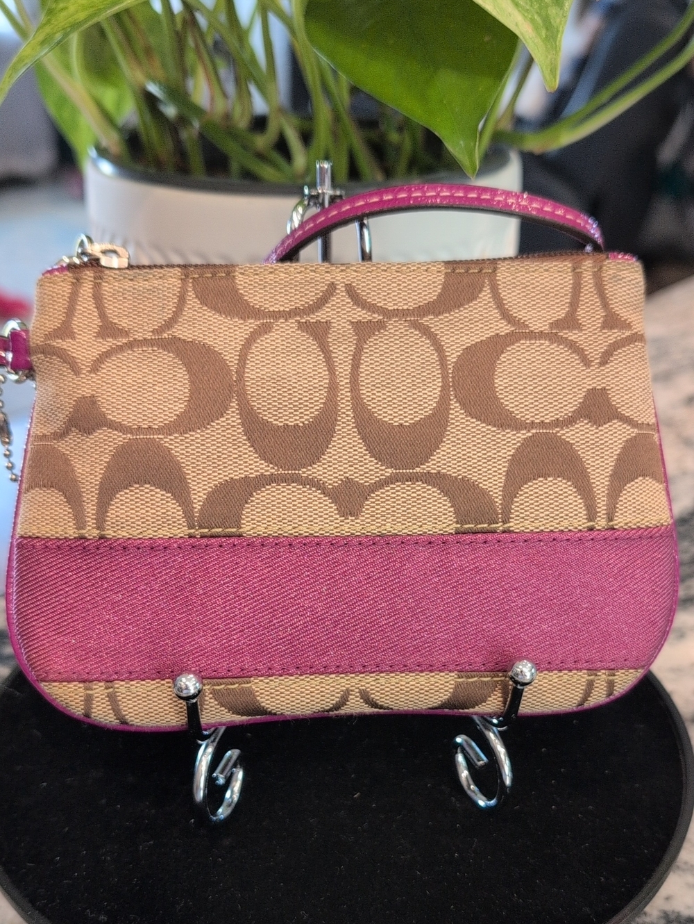 Coach Signature Canvas Wristlet with Plum Stripe